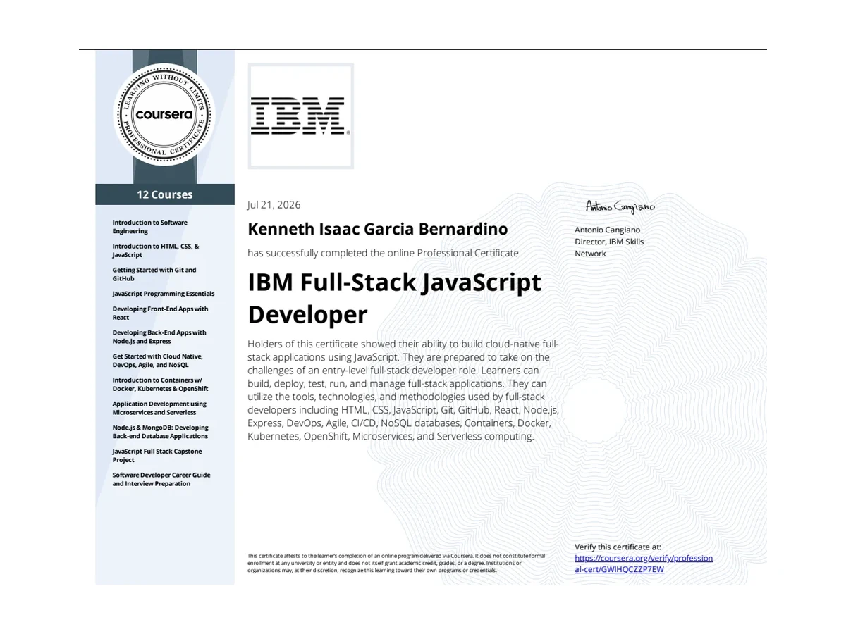 IBM Full-Stack JavaScript Developer certificate
