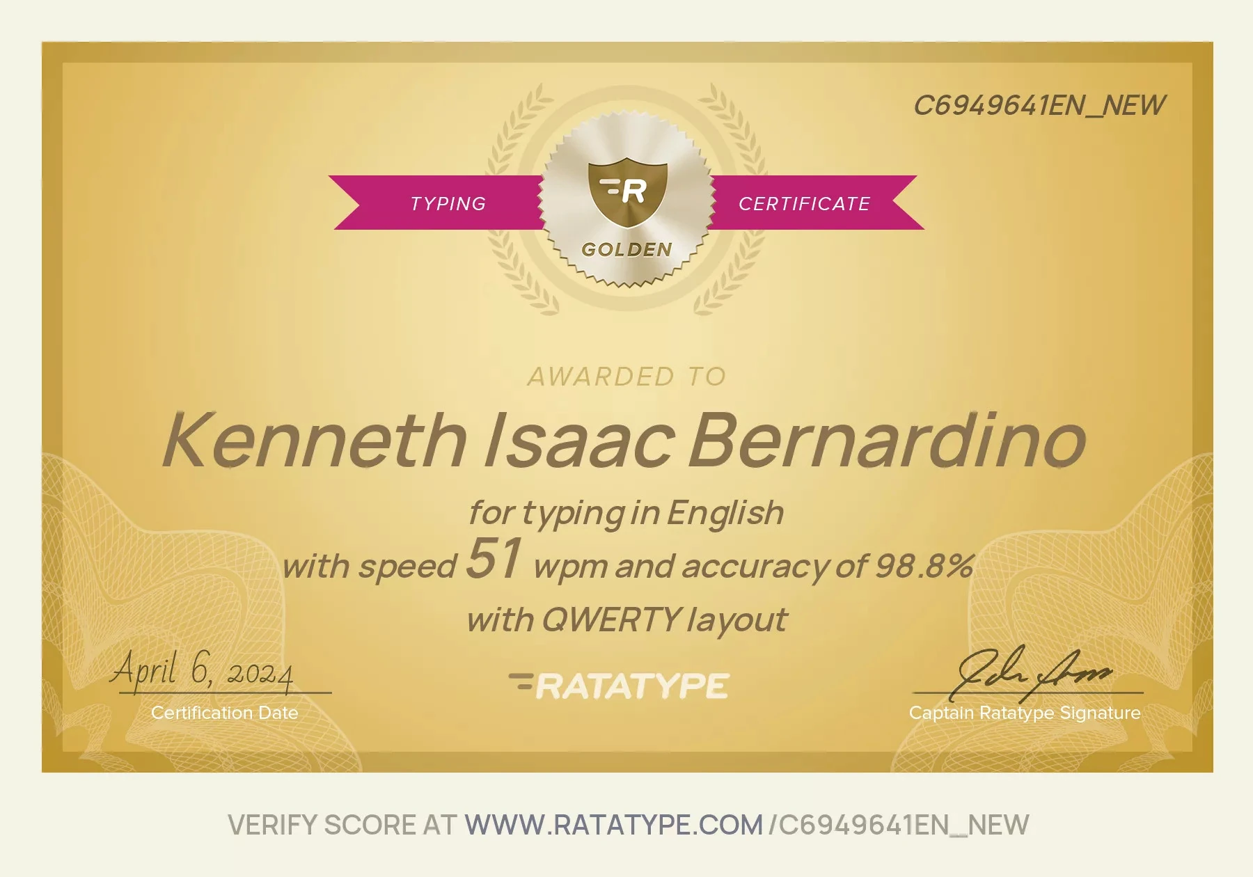 Ratatype Golden Typing Certificate awarded to Kenneth Isaac Bernardino for 51 words per minute and 98.8 percent accuracy